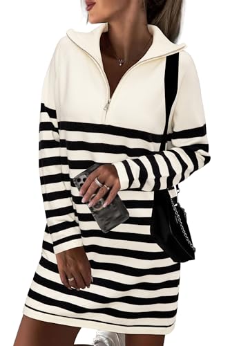 Newshows Women's Winter Sweater Dress 2025 Striped Long Sleeve Lapel Collar Chunky Knit Slouchy Oversized Fall Sweaters(White,M)