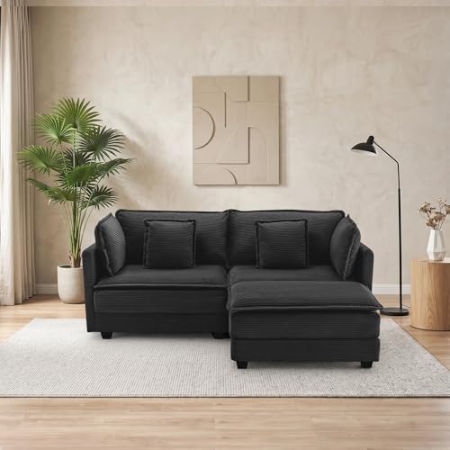 Image of 78.4 inch Corduroy Loveseat Sectional, Small L Shaped Sofa Couch with Ottoman for Apartment, Office, or Bedroom, Black