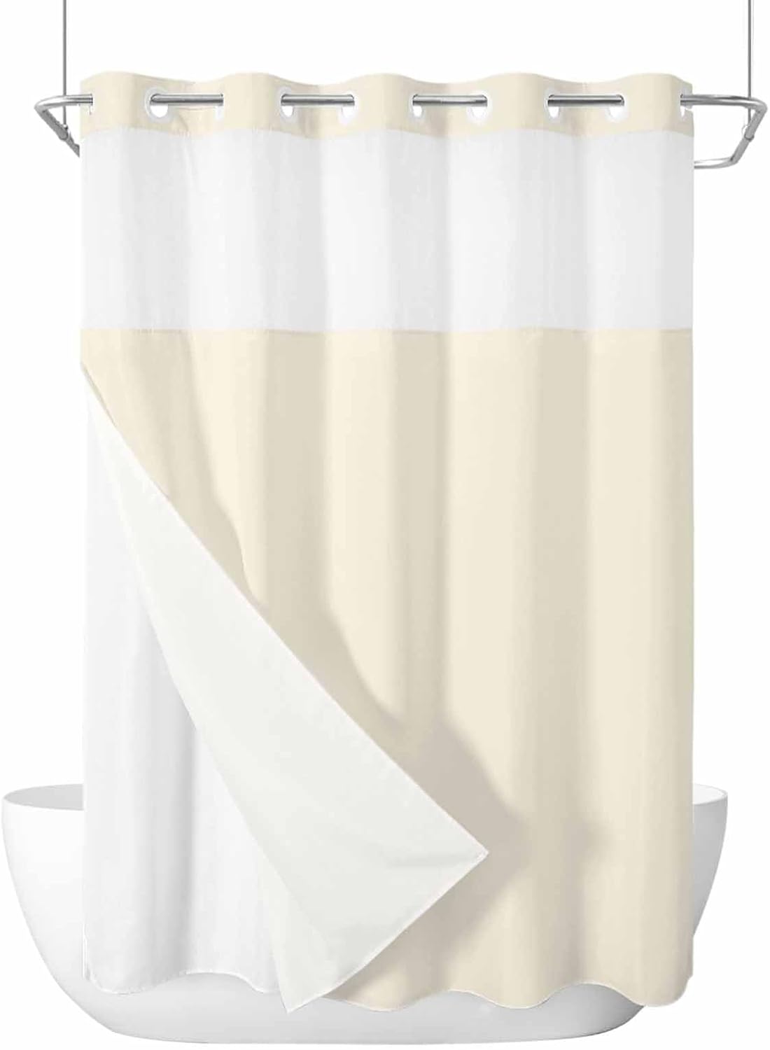 Colored No Hook Shower Curtain with Snap in Liner, Cream Colour Bath Curtain with See Through Top Window Double Layer Waterproof Bath Decorative 48" x 72"
