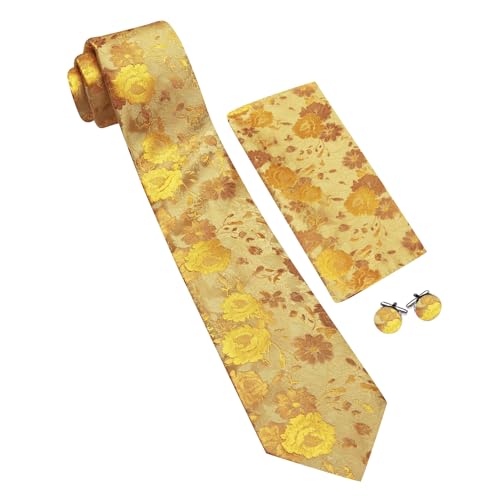 Image of Barry.Wang Flower Ties for Men Handkerchief Cufflinks Set Wedding Necktie Set Party