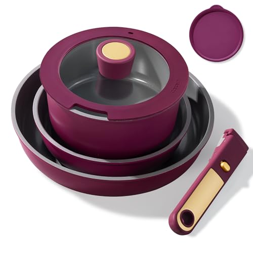 Image of CAROTE Ceramic Pots and Pans Set, Nonstick Cookware Set Detachable Handle, 6pcs Induction Kitchen Cookware Sets Non Stick with Removable Handle, RV Cookware Set, Oven Safe, Purple