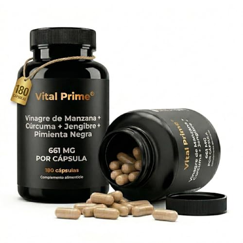 VITAL PRIME Vinagre de Manzana Capsulas 180 Cápsulas 661mg por Cápsula con Cúrcuma, Jengibre y Pimienta Negra con la Madre | Suministro para 6 Meses | Cápsulas de Vinagre de Manzana Apto para Veganos