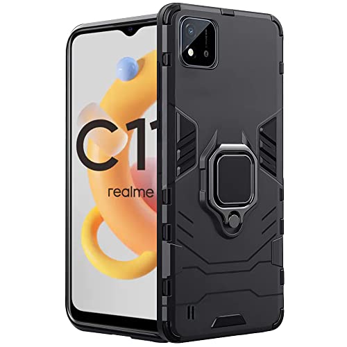 Image of WOW IMAGINE Shock Proof Back Case Mobile Cover for Realme C20 | for Realme C11 2021 (Tough Armor | Hybrid PC + TPU | Full Protection with Ring Holder & in-Built Kickstand | Black)