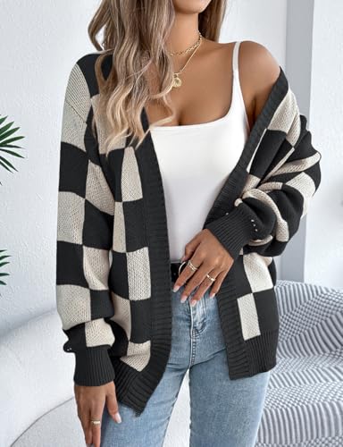 Mywinway Women's Checkered Cardigan Sweaters Fall Fashion Open Front Long Sleeve V Neck Cute Knit Oversized Tops4