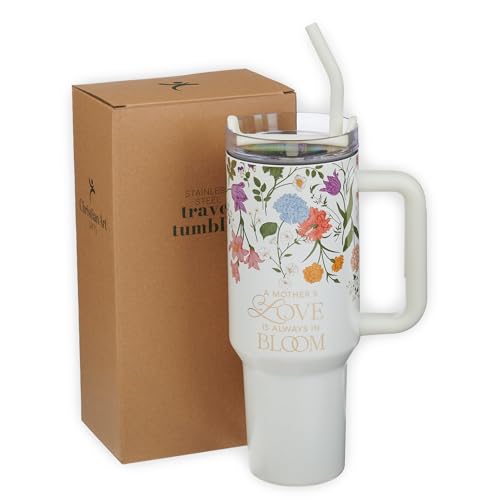 Image of Christian Art Gifts Large Stainless Steel Insulated Travel Mug Tumbler for Women: A Mother's Love Inspirational Scripture, Sturdy Handle, Reusable Straw, Flip Lid, White Multicolor Floral, 18 oz.