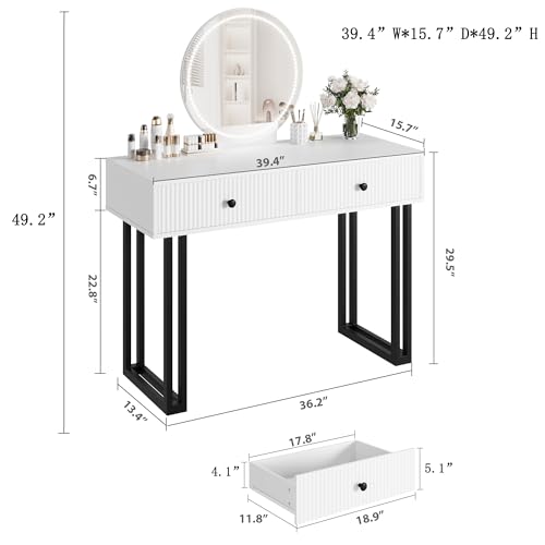 White Vanity Desk with Mirror and Lights, Small Makeup Vanity with 2 Drawers, Modern Vanity Organizer with 3 Color Lights&Adjustable Brightness, Dressing Table for Bedroom