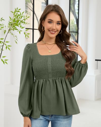 HEYTALALA Womens Peplum Tops Square Neck Smocked Puff Long Sleeve Blouses Babydoll Shirts 2025 Fall Dressy Casual Clothes2