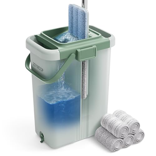 JOYMOOP Mop and Bucket Set - Mops for Floor Cleaning & Wall Cleaner with Long Handle, Include 5 Microfiber Mop Pads - Green Bucket (X-Large)