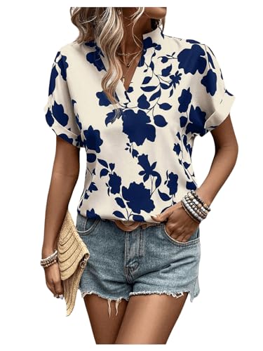 SweatyRocks Women's Floral Print V Neck Shirts Short Sleeve Casual Blouse Tops