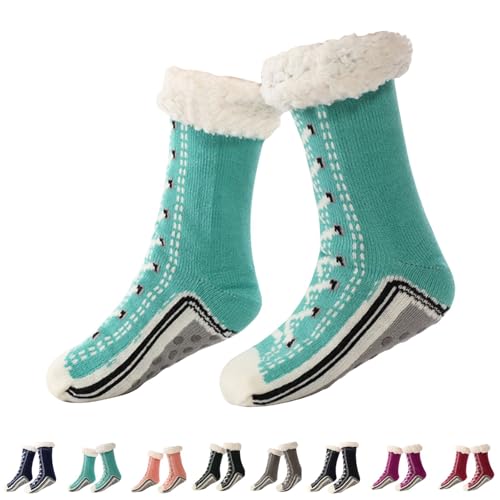 Ultra-Thick Cashmere Slipper Home Socks, Warmth Slipper Socks with Non Slip Shimmery Women Cashmere Socks Lake Blue