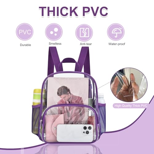 Image of Busiuw Clear Backpack for Stadium Events Clear Backpack 12x12x6 with Front Pocket for Concert Sport Events Work Travel (Purple)
