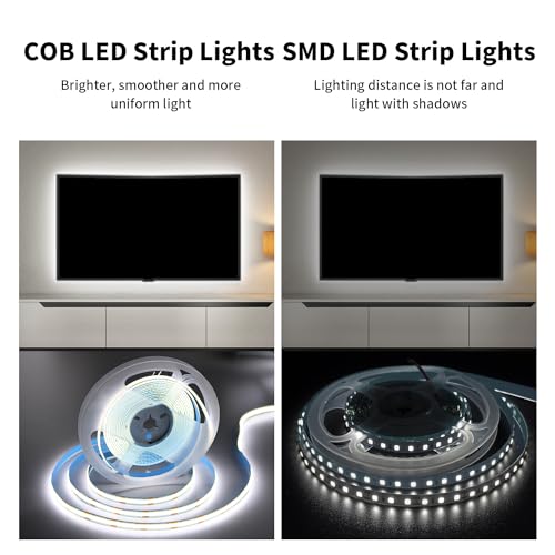 Image of 16.4FT /5M COB LED Strip Light, Cold White 6000K Cuttable LED Tape Lights, 8mm Width, CRI93+ Dimmable Flexible Light Strip for Bedroom Kitchen TV Backlight Cabinet Mirror Decor(with Plug)