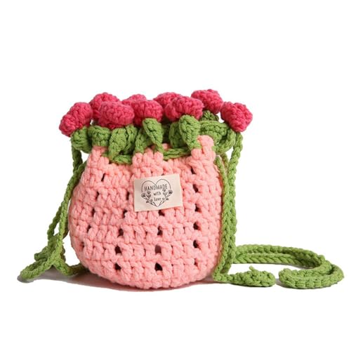 Handmade Crochet Rose Drawstring Bag, Romantic Flower Bouquet Crossbody Purse for Women, Kawaii Floral Knit Satchel Handbag