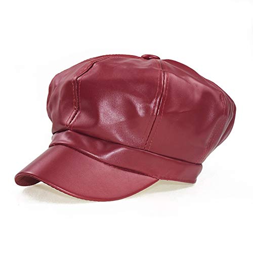 SUNTRADE Women Newsboy Hats,8 Panel Ivy Beret PU Leather Cabbie Cap, Wine Red, One size