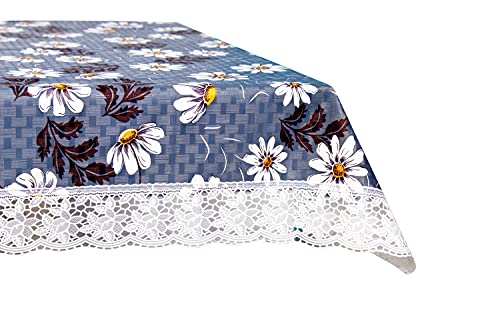 Image of The Furnishing Tree Waterproof PVC Rectangle Shaped 2 Seater Table Cover WxL 45x70 inches Floral Pattern Blueish Grey with White Border lace