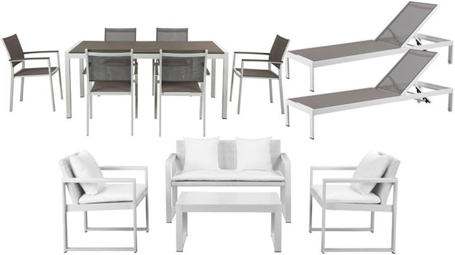 Pemberly Row 13-Piece Modern Aluminum Patio Sofa Set, White/Gray Finish, Rust-Resistant Aluminum Frame with Polyresin, Rattan, Textilene, Includes Table, Chairs, Loungers, Sofa, Coffee Table for