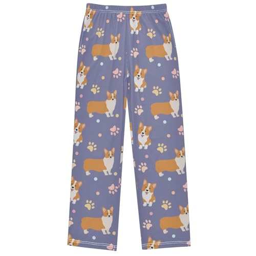 Boy's Pj Pants Happy Corgi Dog Footprint Lounge Bottoms Elastic Waist Kids Joggers with Pockets Size 6-14