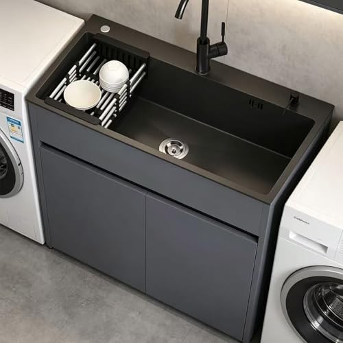 vier Extérieur Noir 68cmx45cmx85cm en Acier Inoxydable avec Meuble Intégré,Évier Simple, Robinet Mitigeur et Kit de Drainage Inclus pour Jardin, Garage ou...