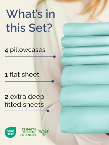 Image of Extra Deep Split King Sheet Set - 7 Piece Breathable & Cooling - Spa Blue | Hotel Luxury Bed Sheets Set, Easy & Secure Fit, Ultra-Soft, Wrinkle & Fade Free, Comfy Sheets Set with Extra Deep Pockets