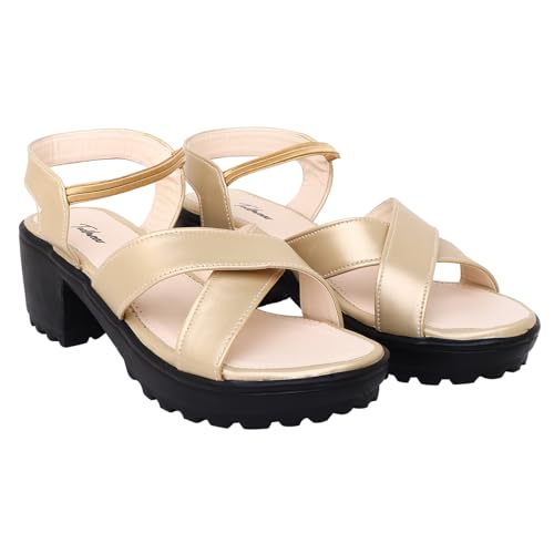 Image of Todhwear Women's Cross-Strap Block Heel Sandals, Gold, Chunky High Heel with Ankle Elastic Strap, Open Toe Wedges