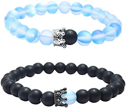 UEUC Distance Couple Bracelets with CZ King&Queen Crown His&Hers Black Matte Agate 8mm Beads Bracele