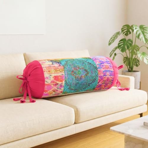 Image of SAJAVAT HOME Printed Multicolour Bolster Cover | 32x15 Inch Round Side Pillow Covers with Adjustable Ties | Stylish Diwan Cushion Covers for Sofa, Bed & Couch Pack of 1