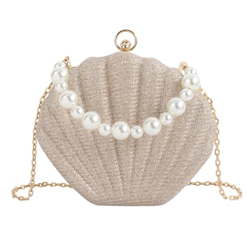 Image of Glitter Seashell Evening Clutch Purse Mini Chain Crossbody Bag Pu Leather Shell Pearl Shoulder Bag