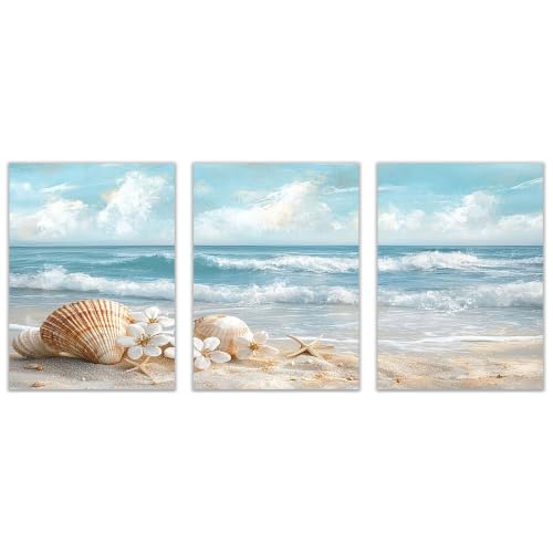 TZKRWRH 3 pièces Impression sur Toile Plage Plage des Coquillages et des Fleurs Tableaux Image sur Toile Nordique Tableau Decoration Murale Salon Chambre Salle de bain(Blanc 53)-20x30cmx3 Sans cadre
