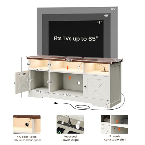 Casaottima TV Stand for 65 Inch TV, Farmhouse Entertainment Center with Power Outlet & LED Light and Storage Cabinets, Console Table and Media Furniture for Living Room Bedroom, White - Image 4