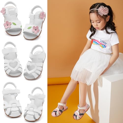 Image of Femizee Toddler Girls Leather Dress Sandals with Adjustable Strap | Toddler /Little Kids, Leather upper, Cushioned footbed, Hook-and-loop, Flexible Sole, Dressy summer occasions, Princess-style
