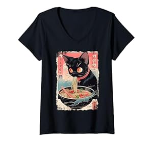 Damen Ramen Nudeln Katze Japan Y2K Kawaii Retro Katzen Manga Anime T-Shirt mit V-Ausschnitt
