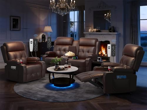 Image of Recliner Sofa Set, Home Theater Seating with Massage, Loveseat Recliner Couch and 2 Recliner Single Chairs with USB, Wall Hugger Reclining Movie Theater Chair with Cup Holders, Drawer for Gaming Room