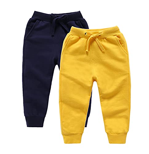 DCUTERQ Pantalones Deportivos para Niños Niñas Pantalón Largos Elástico Cintura Pantalones de Chándal Joggers Algodón para Bebé Paquete de 2 Azul Oscuro Amarillo 3-4 Años