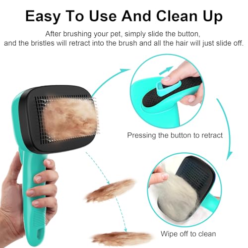 Self Cleaning Slicker Brush for Dog, Skin Friendly Shedding & Grooming Tool for Long and Short Haired Dogs and Cats, Easy Clean Retractable Bristles, Green
