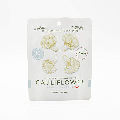 POSHI Cauliflower Vegetable Snack | Lime + Paprika, 10 pk | Keto, Vegan, Paleo, Non GMO, Low Carb + Calorie, Gluten Free, Marinated, Steamed, Gourmet, Healthy, Natural, No Mess, Portable, Travel Food