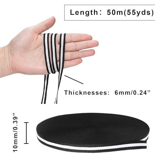 Rolo de fita listrada preta e branca, 9,5 cm de largura, 50 metros de tecido de poliéster com listra
