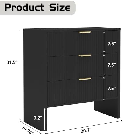 GRENMEY 3 Drawer Dresser, Modern Closet Dressers Chest of Drawers with Waveform Panel, Wood Storage Dresser Chest of Drawers for Living Room, Bedroom, Dining Room and Hallway (Black)