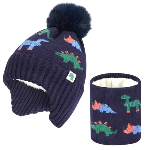 QKURT Ensemble Bonnet et écharpe Tricotés pour Enfants d'hiver, Bonnet Tricoté doux et chaud, Ensemble Cache-cou avec Motif de Dinosaure pour Garçons et Filles de 2 à 6 ans