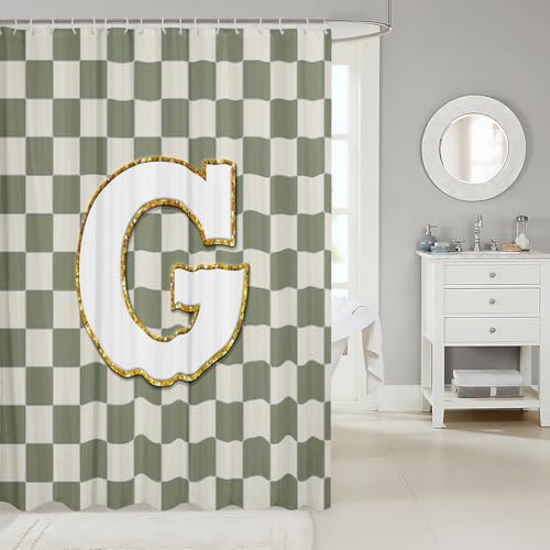 Image of Erosebridal Sage Green Checkered Shower Curtain 72 inch Wx72 L Plaid Initial G Bathroom Curtain Personalized Monogram Bathroom Accessories for Kids Adults,Fashion Grids Gingham Shower Decor