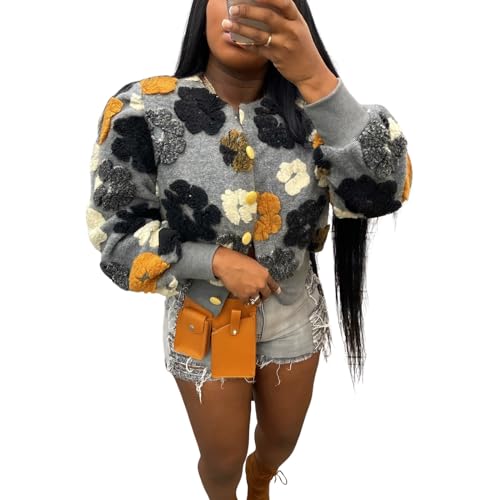 Women Floral Long Sleeve Wool Coats Cropped Fall Winter Bomber Varsity Jacket Warm