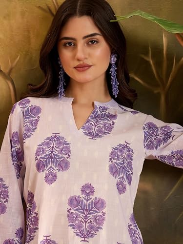 Image of EthnicJunction Women's Linen Floral Print Summer Wear Straight Short Kurti With farshi Salwar Set | Kurta Pant Set | Office wear Kurta Set | farsi salwar suit | raksha bandhan gift dress for women