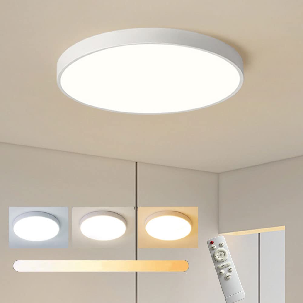Led Ceiling Light - White 12" 24w Indoor Lighting for Bedroom, Kitchen, Hallway - Round Ceiling Lamp with Remote Control, 3 Colours of Light, Dimmable