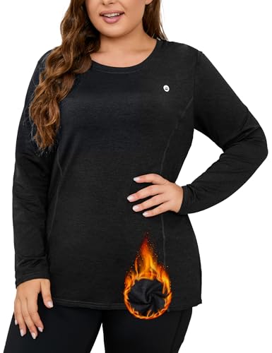 FOREYOND Plus Size Thermal Shirts for Women Fleece Lined Athletic Workout Underwear Tops Base Layer with Zipper Pocket