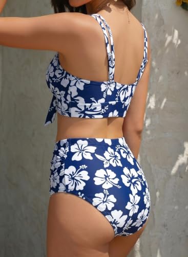 Herseas Boho Bikini Sets for Women 2 Piece Modest Full Coverage Swimsuits Knotted Front Cute Push Up Bathing Suit Summer Beach Vacation Clothes Deep Blue Floral​ Medium — view 2