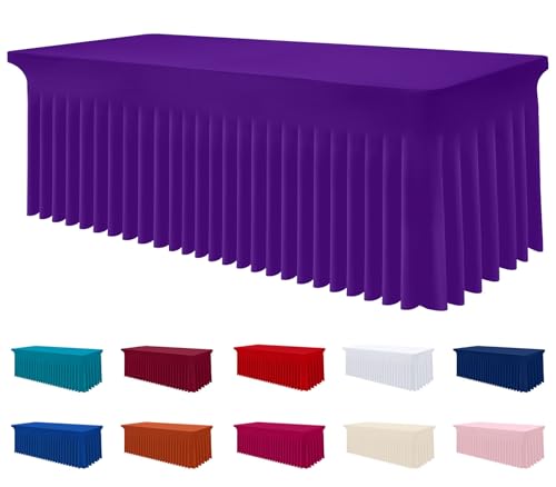 Image of Smiry Spandex Elastic Fitted Table Cloth Skirt for 4FT Rectangle Table | Stretch Washable Table Cloth, Banquet Table Cover for Wedding, Party, Indoor & Trade Shows, (Purple, 48Lx30Wx30H)