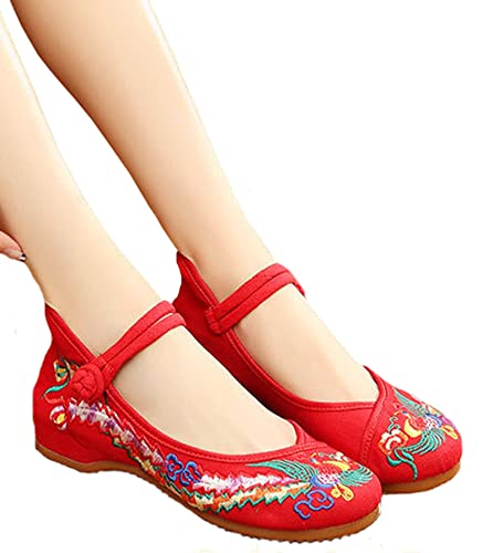 Chinese Shoes for Women Embroidered Shoes Flats Shoes Women Black red Asian Traditional Girl Mary Jane Ballet Yoga Shoe Rubber Sole (36 M EU, Red, Numeric_6)2