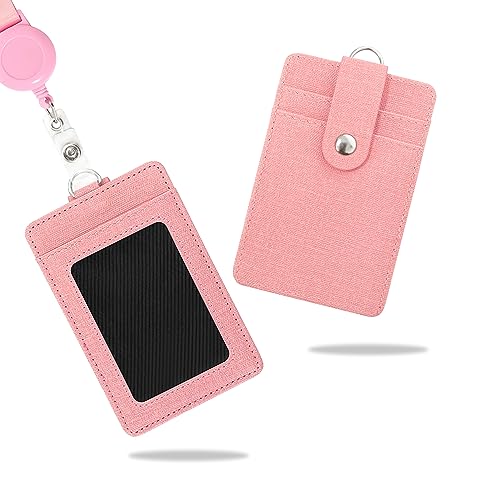 Wocoxo ID Badge Holder with Retractable Lanyard, Vertical PU Leather ID Badge Card Holder with 2 Card Slots (Pink)