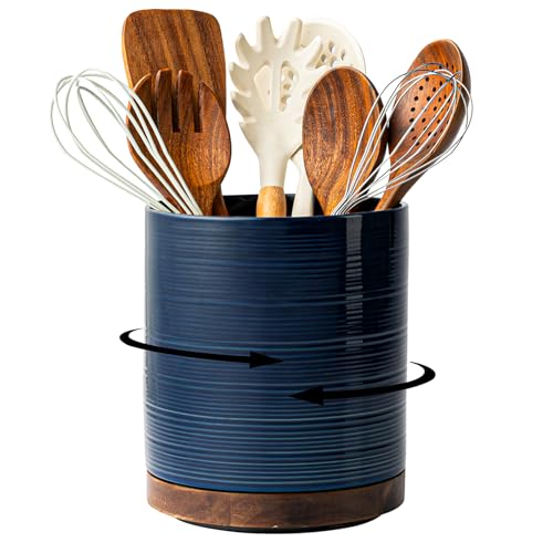 Image of Utensil Holder, 360 Rotating Extra Large Ceramic Kitchen Utensil Holder for Countertop, 7.3 inch Cooking Utensil Crocks for Kitchen Counter with Rotatable Wooden Base, Farmhouse Decor, Dark Blue