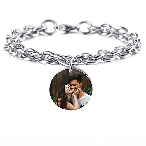 INBLUE Personalized Photo Bracelet Stainless Steel Link Jewelry Customized Picture Date Name for Women Men Couples Girls Girlfriend Family