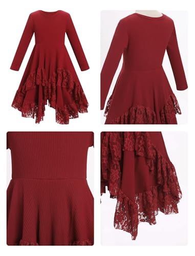 IDOPIP Girls Sweater Dress Toddler Fall Dresses Kids Long Sleeve Ribbed Knit Sweaters Handkerchief Lace Ruffle Casual Dresses3